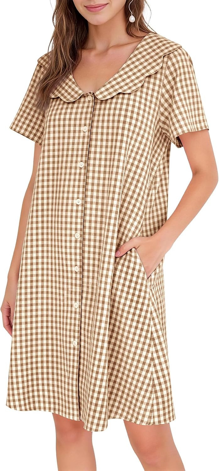 Kissonic Cotton Nightgowns for Women Gingham Scalloped Edge House Dresses with Pockets Button Down Summer Night Gowns | Amazon (US)