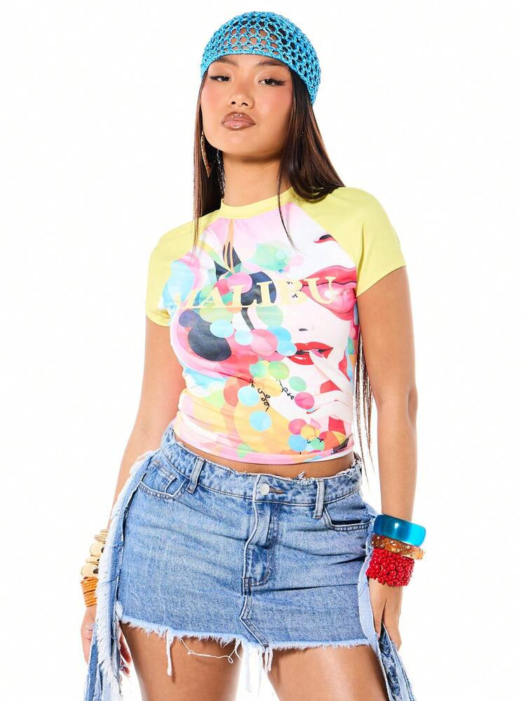 SUMWON WOMEN Women's Malibu Abstract Collage Raglan Tee Short Sleeve Crop Top Multi Color Graphic Print Summer Festival Casual Fitted Colorful Art Design | SHEIN
