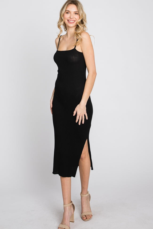 Black Ribbed Square Neck Side Slit Midi Dress | PinkBlush Maternity