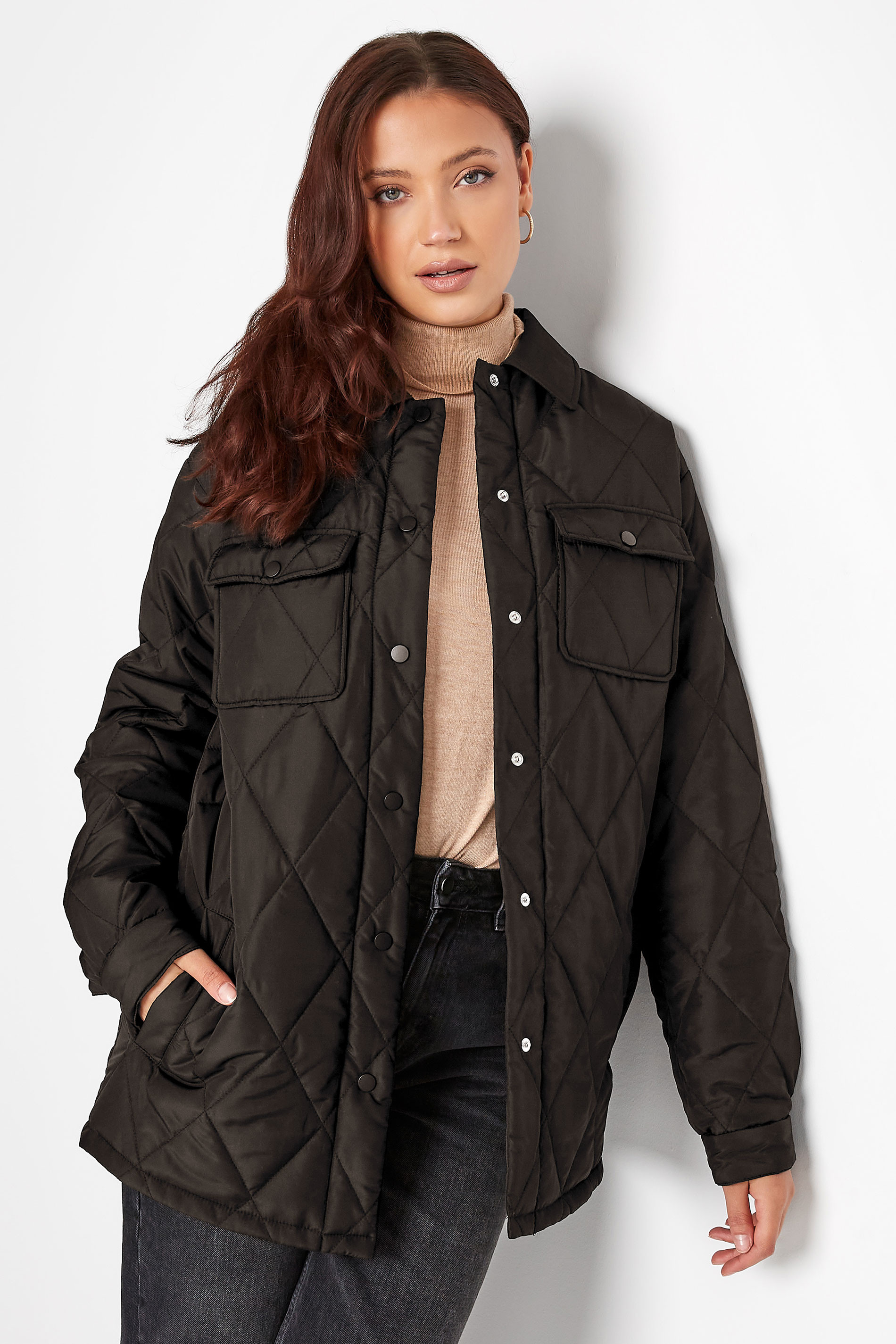 LTS Tall Black Lightweight Diamond Quilted Shacket | Long Tall Sally