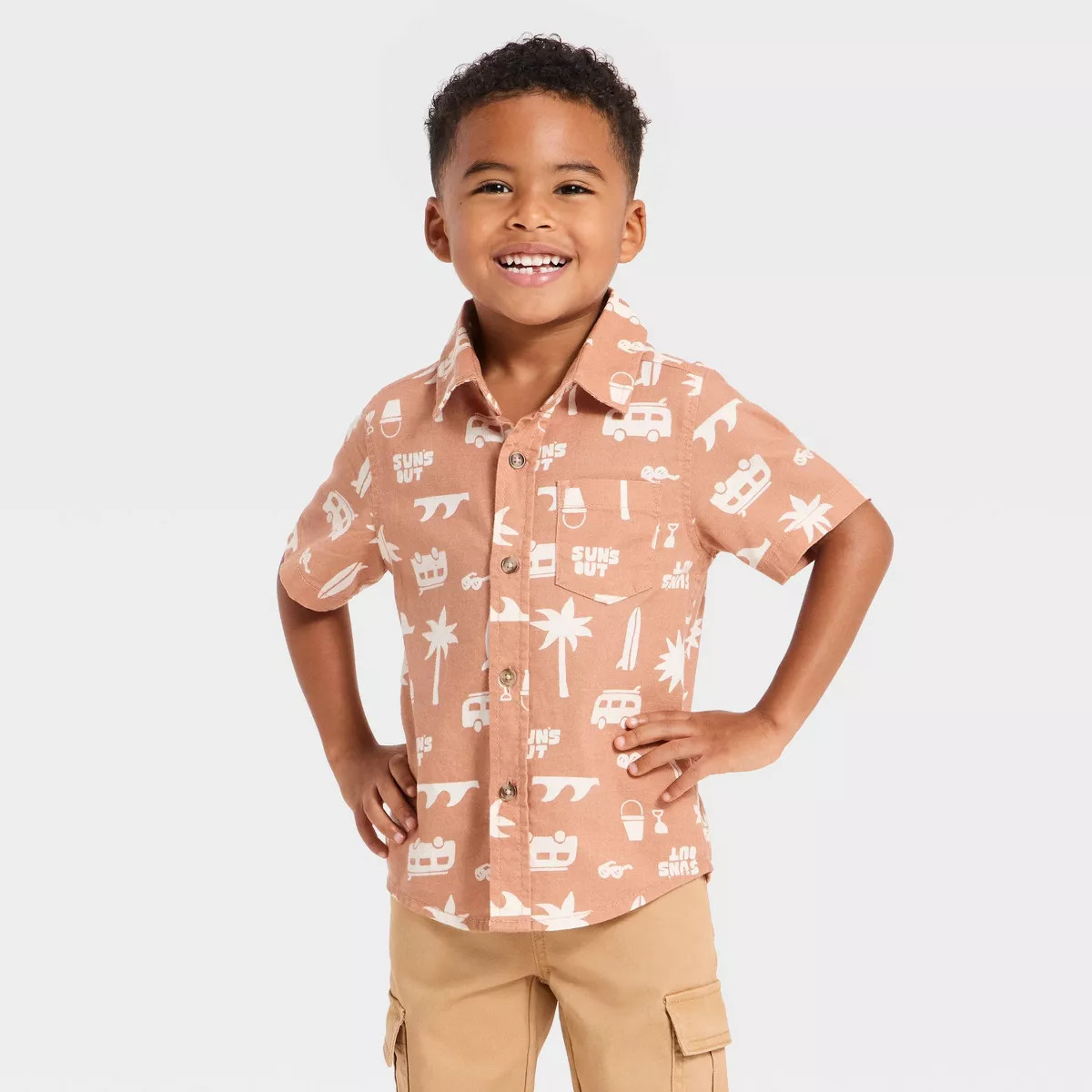 Toddler Boys' Short Sleeve Button-Down Shirt - Cat & Jack™ Brown 12M | Target