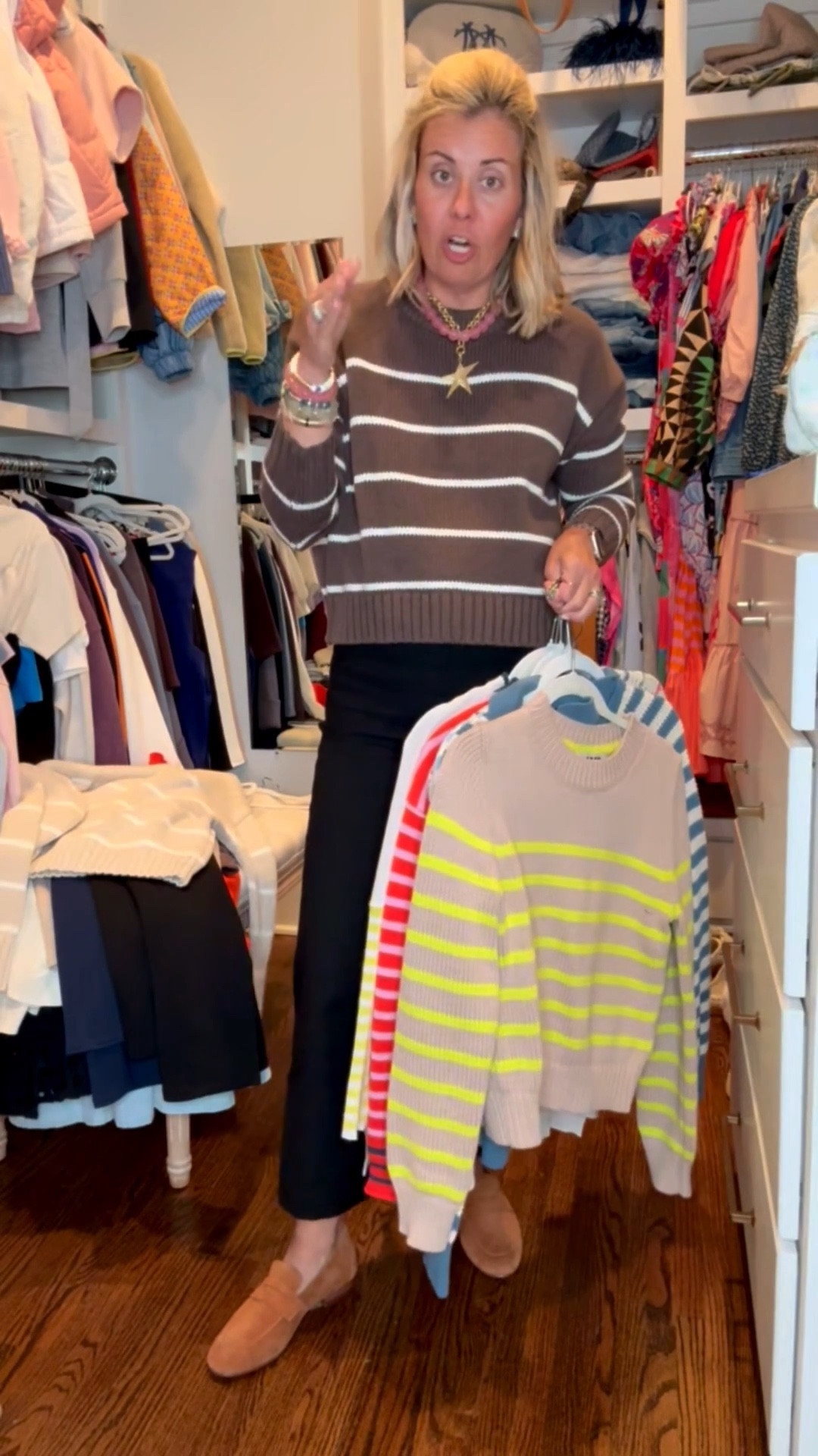 A striped sweater is such a statement piece. Put it around your shoulder or tie it around your waist to elevate any look. I’m showing my closet favorites. I wear an xs. 

#LTKmomlife #LTKdayinmylife #LTKOver40