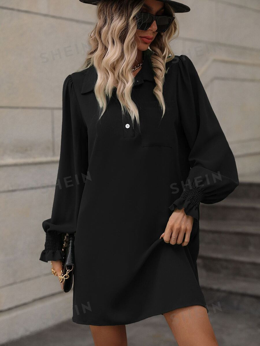 SHEIN LUNE Button Front Shirred Flounce Sleeve Dress | SHEIN