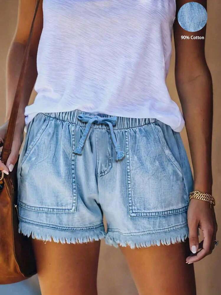 Shorts Vaqueros De Verano Con Cintura Elástica Y Flecos Para Mujer | SHEIN