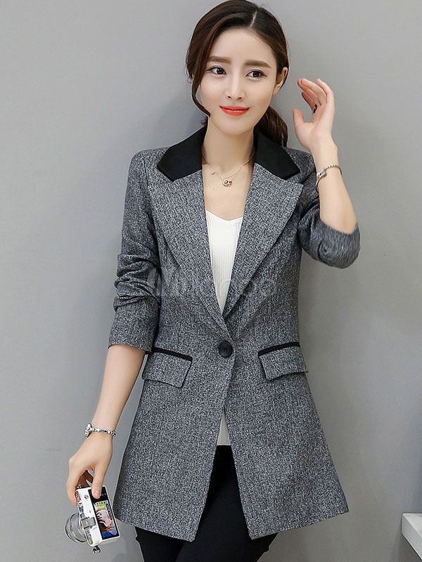 Women's Grey Blazer Notch Collar Long Sleeve Slim Fit Casual Blazer With Pockets | Milanoo