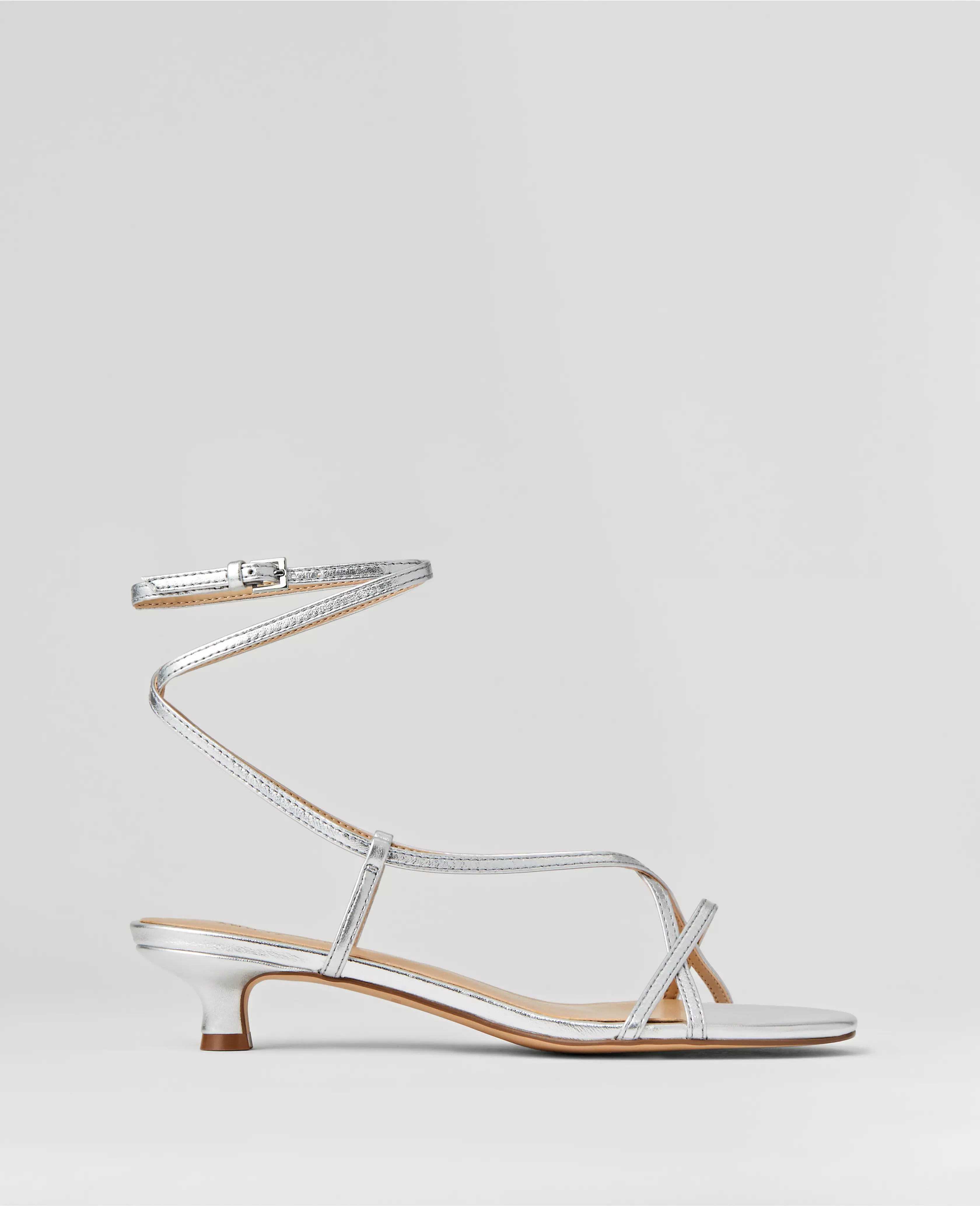 Metallic Strappy Ankle Wrap Kitten Heel Sandals | Ann Taylor