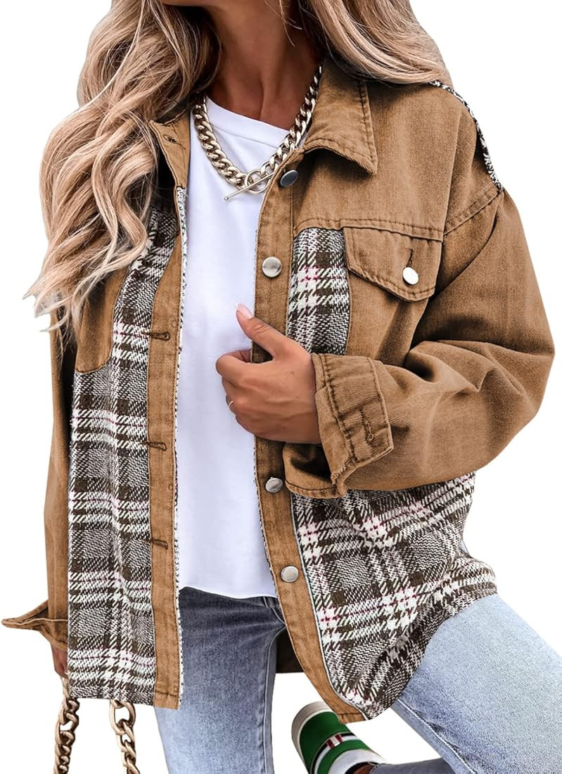 SHEWIN Women's Denim Jacket Long Sleeve Plaid Button Down Shirts Shacket Jacket | Amazon (US)