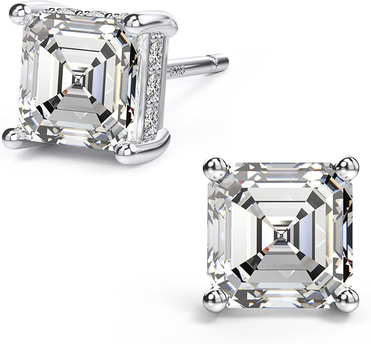 18K White Gold Plated Sterling Silver Asscher Cut Cubic Zirconia Stud Earrings for Women Men | Sq... | Amazon (US)
