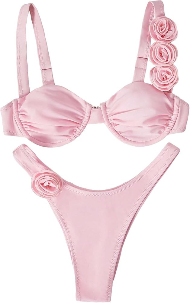 OYOANGLE Women's 2 Piece Swimsuits 3D Floral Appliques Sleeveless Underwire Low Rise High Cut Bik... | Amazon (US)