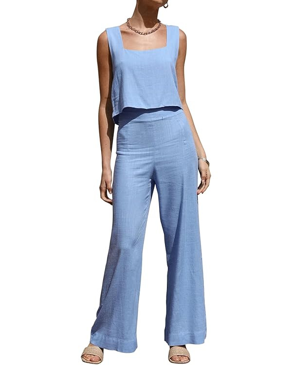 ROYLAMP Women's Summer 2 Piece Outfits Sleeveless Square Neck Tops Wide Leg Pants set Jumpsuit wi... | Amazon (US)