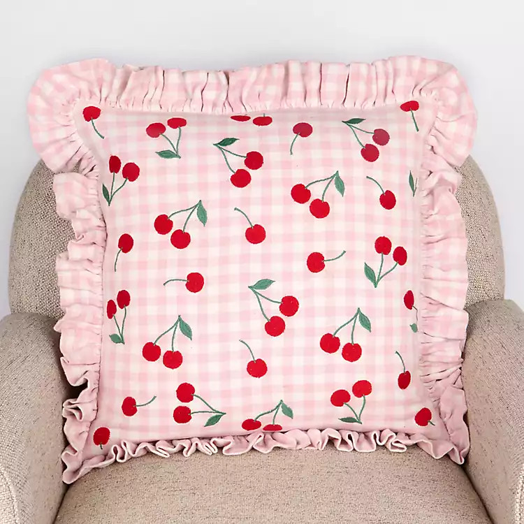 New! Pink Gingham Cherry Ruffle Pillow | Kirklands