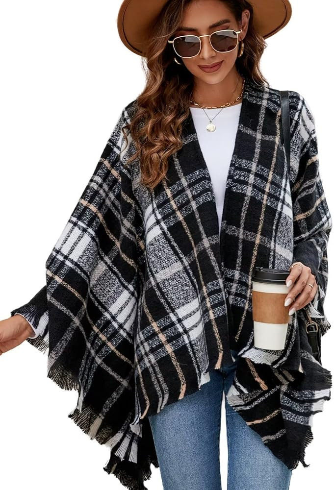 VIMPUNEC Women Boho Buffalo Plaid Poncho Pashmina Shawl Wrap Cape Sweater Knitting Cardigan with ... | Amazon (US)