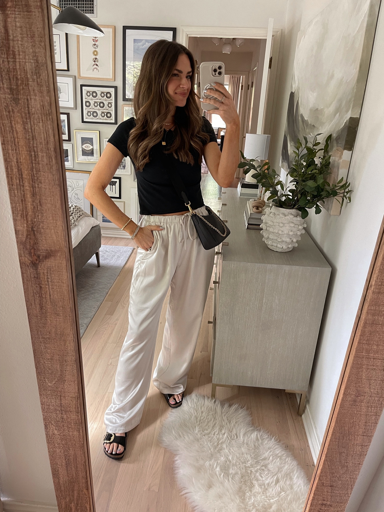 Obsessed with these satin pants! I’m wearing a size S in everything. // spring outfit, satin pants, Abercrombie, AF outfits 