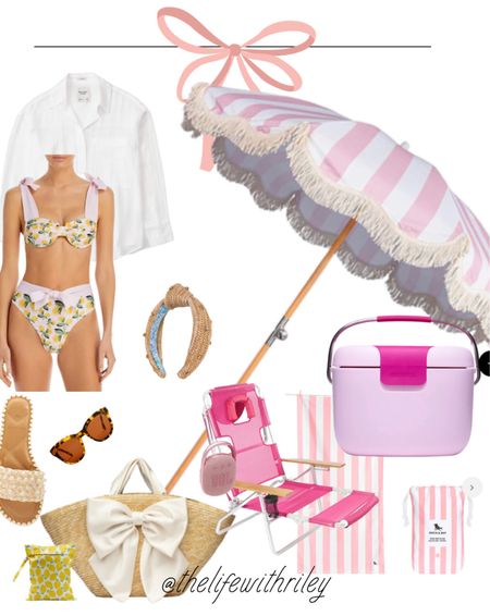Lemon print swimsuit and all the beach day essentials 

Pink, pink girlie, pink vibes, preppy style, fringe umbrella, pink and white, quick dry beach towel, pearl sandals, bow bag, beach chair, beach day style, summer style, linen cover up 

#LTKSeasonal #LTKswim #LTKstyletip