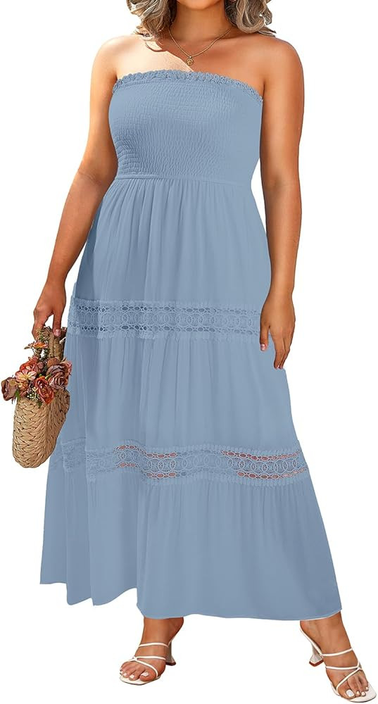 Plus Size Summer Dress- Beach Tube Casual Boho Strapless Flowy Long Sun Maxi Dresses | Amazon (US)