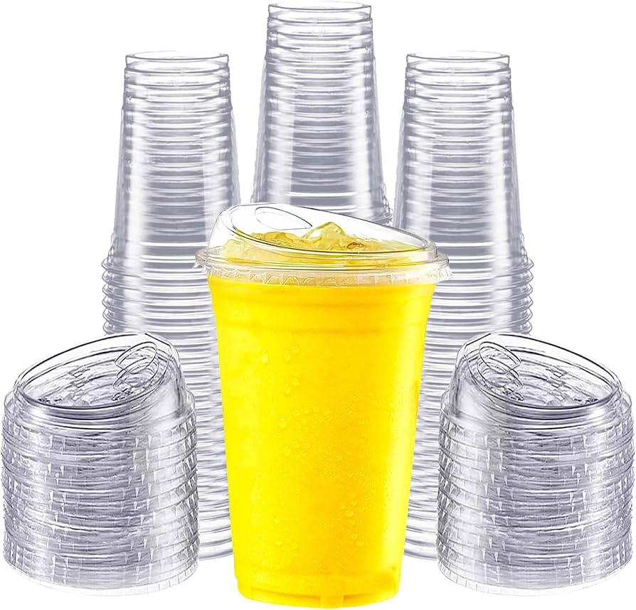 50 Pack 20 oz Clear Plastic Cups with Strawless Sip-Lids, Disposable Cold Drinking Cups with Lids... | Amazon (US)