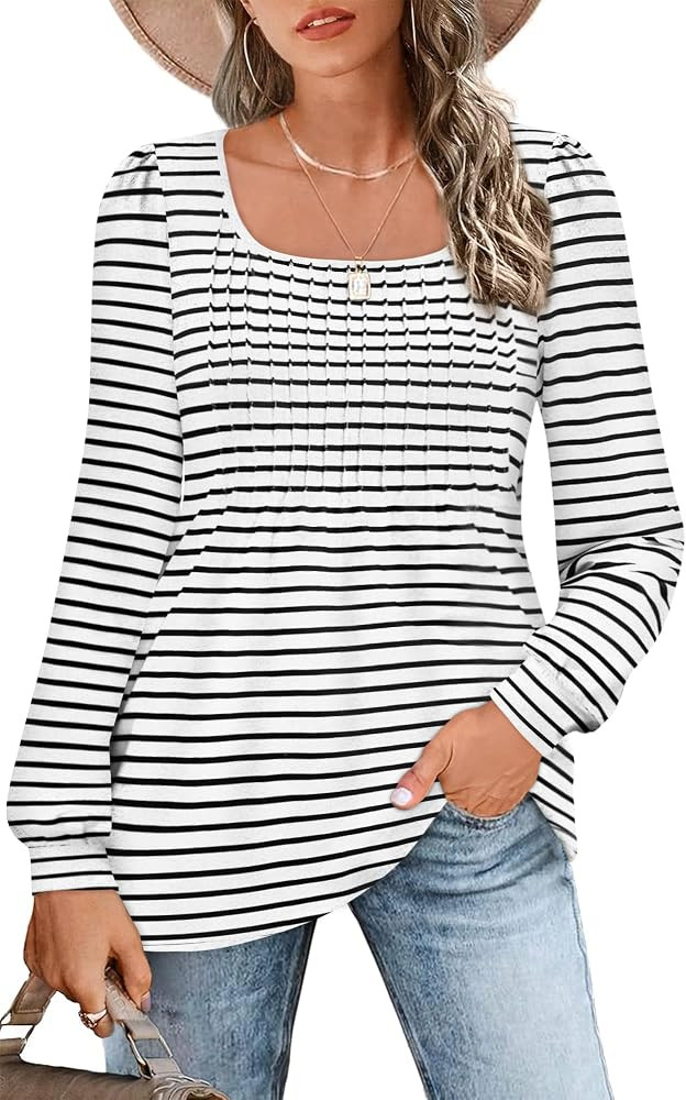 Zwurew Women's Puff Long Sleeve Shirts 2024 Trendy Scoop Neck Loose Fit Blouses Pleated Flowy Tun... | Amazon (US)