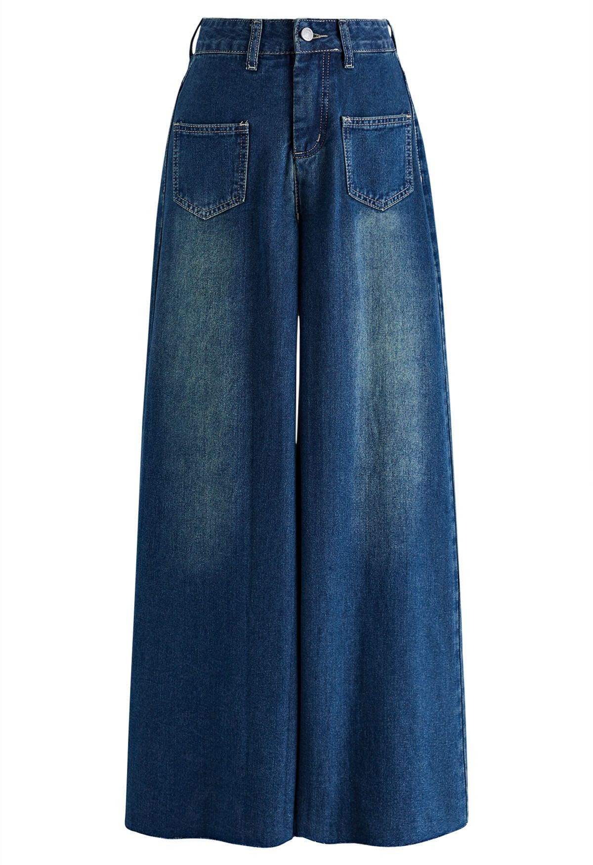 Patch Pocket Frayed Hem Wide-Leg Jeans | Chicwish