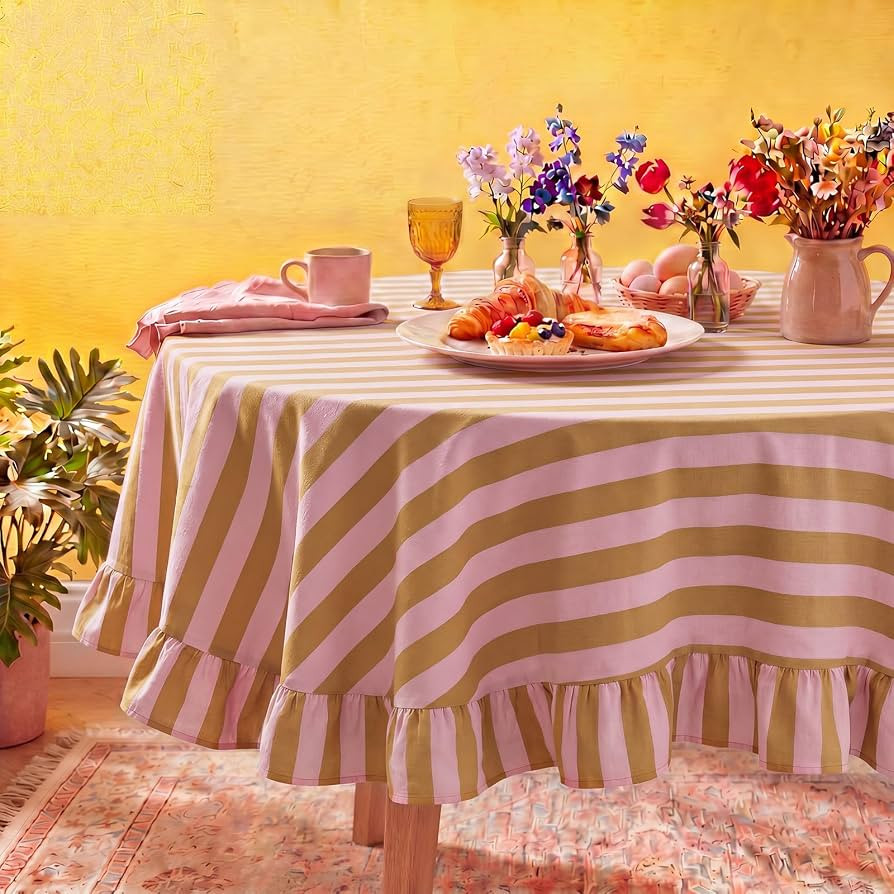 Tudomro 1 Pcs Ruffle Edge Striped Tablecloth, 60'' Scalloped Table Cover, Farmhouse Linen Fabric ... | Amazon (US)