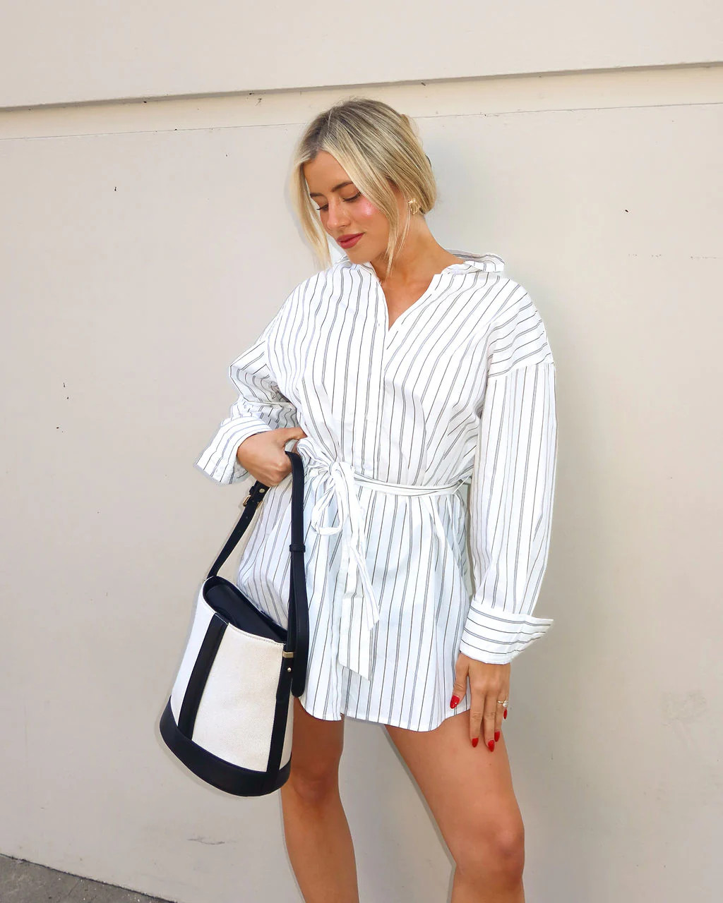 Between The Lines Waist Tie Mini Shirt Dress | VICI