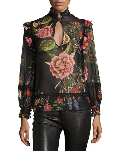 Peony Floral-Print Chiffon Ruffle Shirt, Black Multipattern | Neiman Marcus