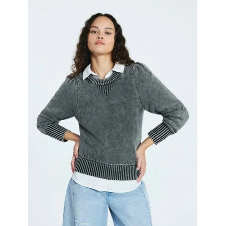 Scoop Women’s Acid Wash Cotton Sweater with Long Puff Sleeves Midweight Sizes XS-XXL | Walmart (US)