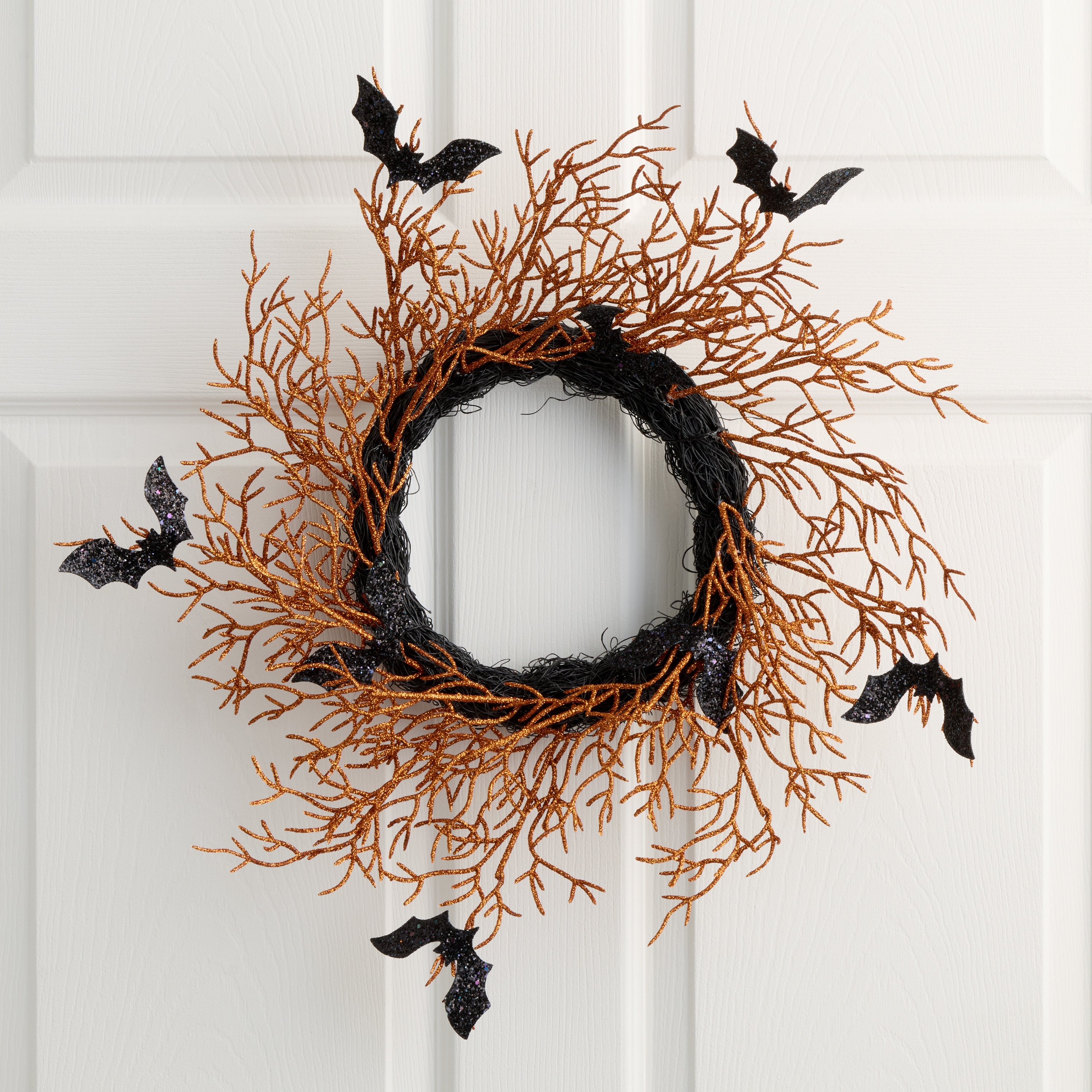 Glittered Black and Orange Faux Branches and Bats Wreath | World Market