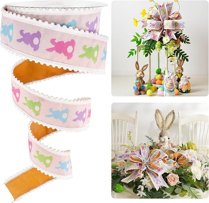 HUIHUANG Easter Bunny Dupioni Ribbon with Snowball Edge 2.5 Inch Wide 10 Yards Wired Spring Pink ... | Amazon (US)