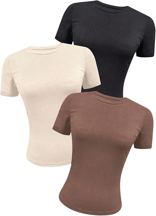 SOLY HUX Women's Summer Short Sleeve Crew Neck T Shirts 3 Packs Slim Fitted Tops Basic Tees | Amazon (US)