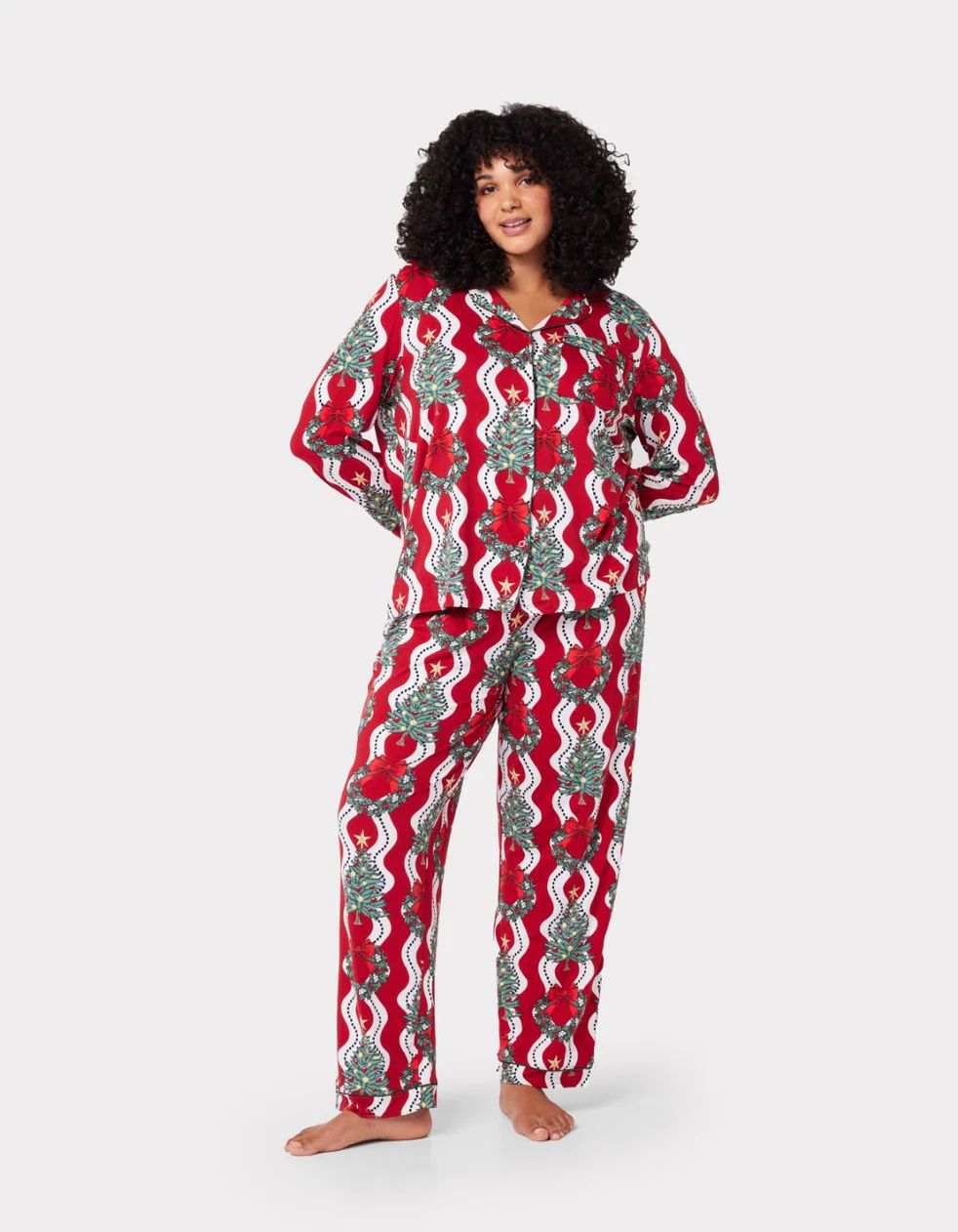 Christmas Tree & Wreath Stripe Print Long Pyjama Set | Chelsea Peers NYC