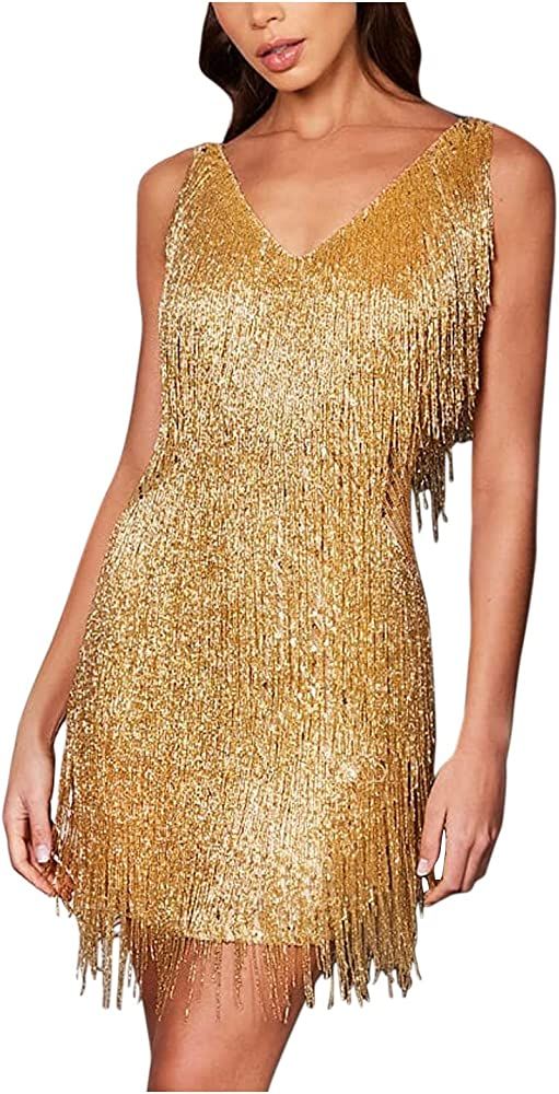 EKVAHL Women's 2023 Fashion Sexy Sleeveless Sling Tassel Fringe Hem Sparkly Party Cocktail Dress ... | Amazon (US)