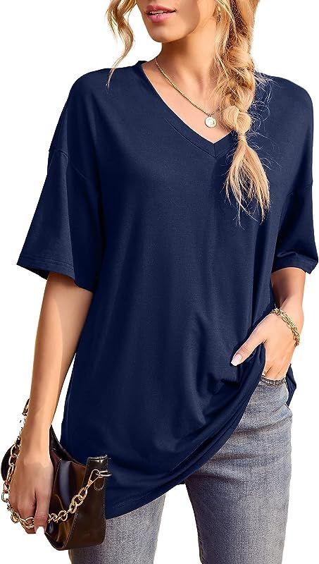 Womens Short Sleeve Tops Dolman V Neck T-Shirts Summer Casual Tunic Tops | Amazon (US)