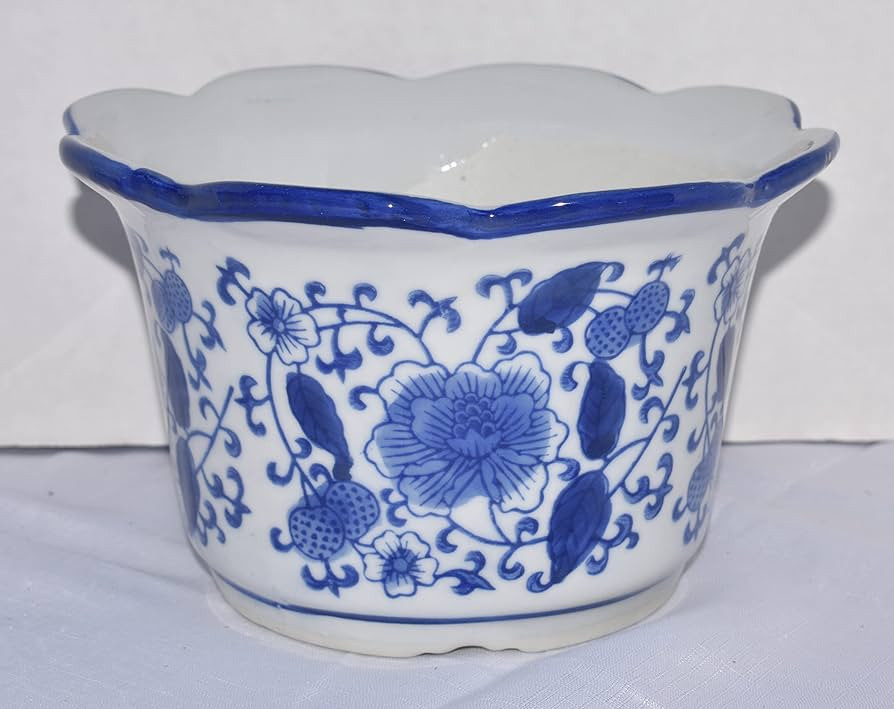MML New 8 in Cobalt Blue & White Oriental Floral & Vine Design with Scalloped Top Bonsai Planter ... | Amazon (US)