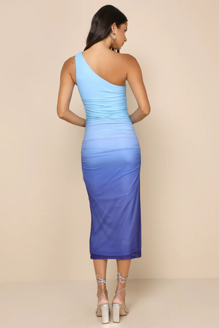 Beautiful Perception Blue Ombre One-Shoulder Mesh Midi Dress | Lulus