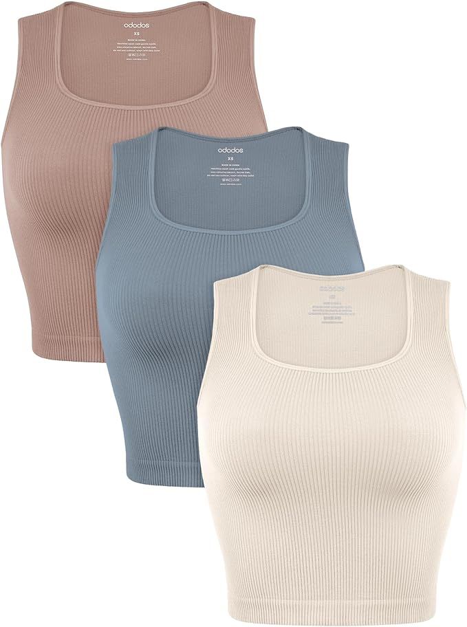 ODODOS 3-Pack Seamless Square Neck Tank for Women Ribbed Longline Crop Tops | Amazon (US)