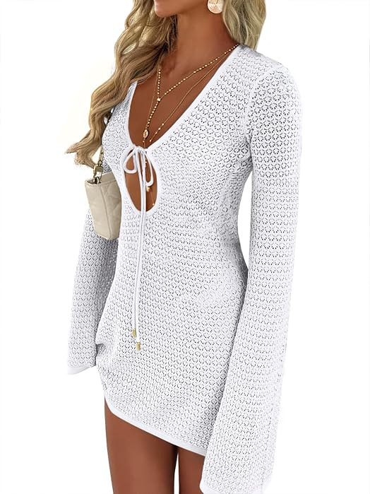 ANRABESS Women\u2019s Crochet Swimsuit Cover Up, V Neck Mesh Knit Beach Dress, Long Sleeve Summer... | Amazon (US)