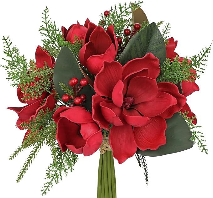 Briful Magnolia Artificial Flower Bouquet Red Magnolia Christmas Flower with Berries Pine Branche... | Amazon (US)