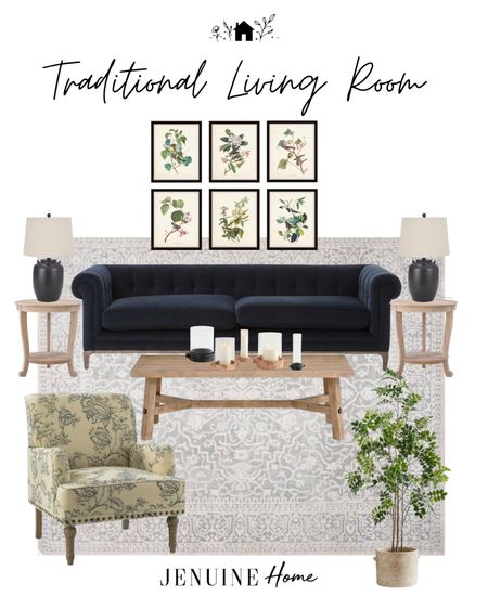 Traditional living room. Dark couch. Navy tufted couch. Coastal living room. Black old world style lamp. Light grey blue rug. Floral armchair. Light wood side table. Candle decor. Pottery barn decor. Light wood coffee table. Floral gallery art  

#LTKhome