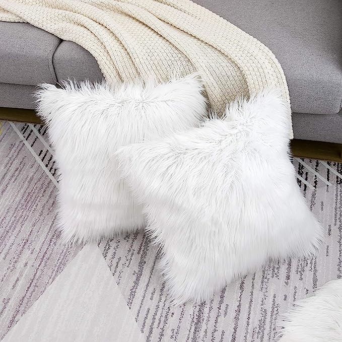 WLNUI Set of 2 Decorative White Fluffy Pillow Covers New Luxury Series Merino Style Faux Fur Thro... | Amazon (US)