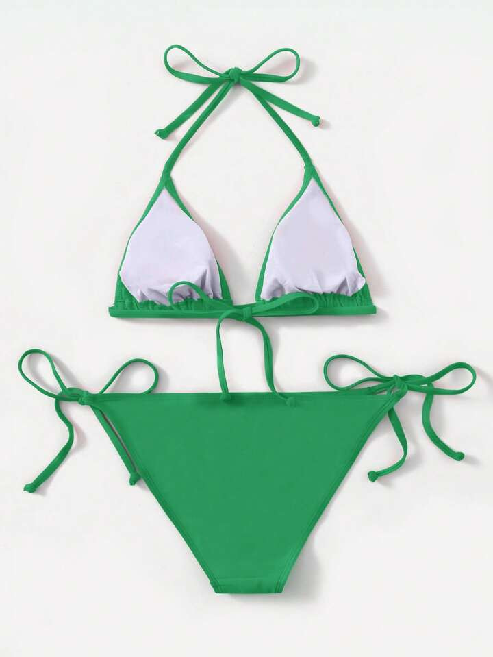 SHEIN Swim Women's Summer Beach Solid Color Halter Neck Sexy Bikini Two Pieces Swimwear Set | SHEIN