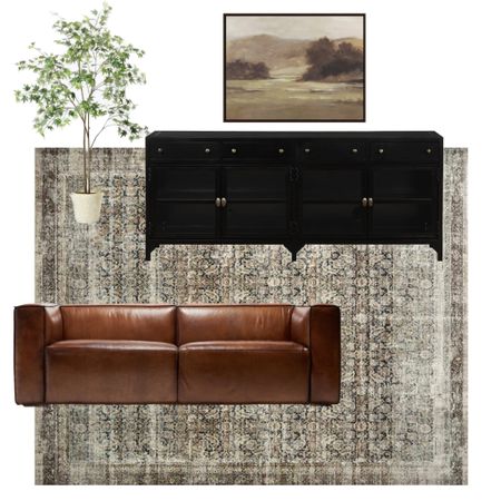 Transitional Living Room 
Black Sideboard
Credenza
Console Table
Media Table
Cabinet
Area Rug
Moody Decor
Faux Tree

#LTKhome