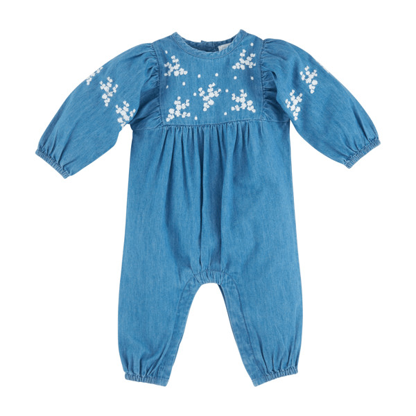 Blue And White Floral Denim Baby Bodysuit | Mud Pie
