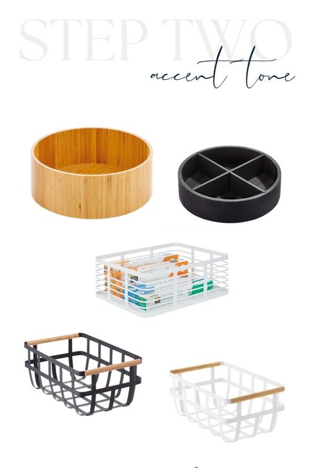 PANTRY GUIDE STEP TWO - ACCENT TONE: Choose an accent color or material for small and medium category baskets, turntables, and risers

#LTKhome #LTKfamily #LTKstyletip