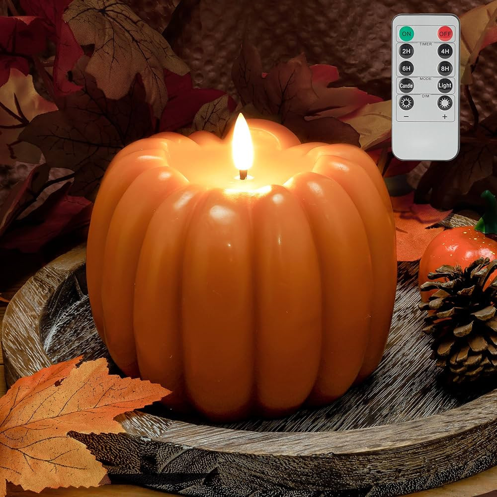 Fall Flameless Led Pumpkin Candles with Remote, Real Wax Pumpkin Shaped Battery Operated Flickeri... | Amazon (US)