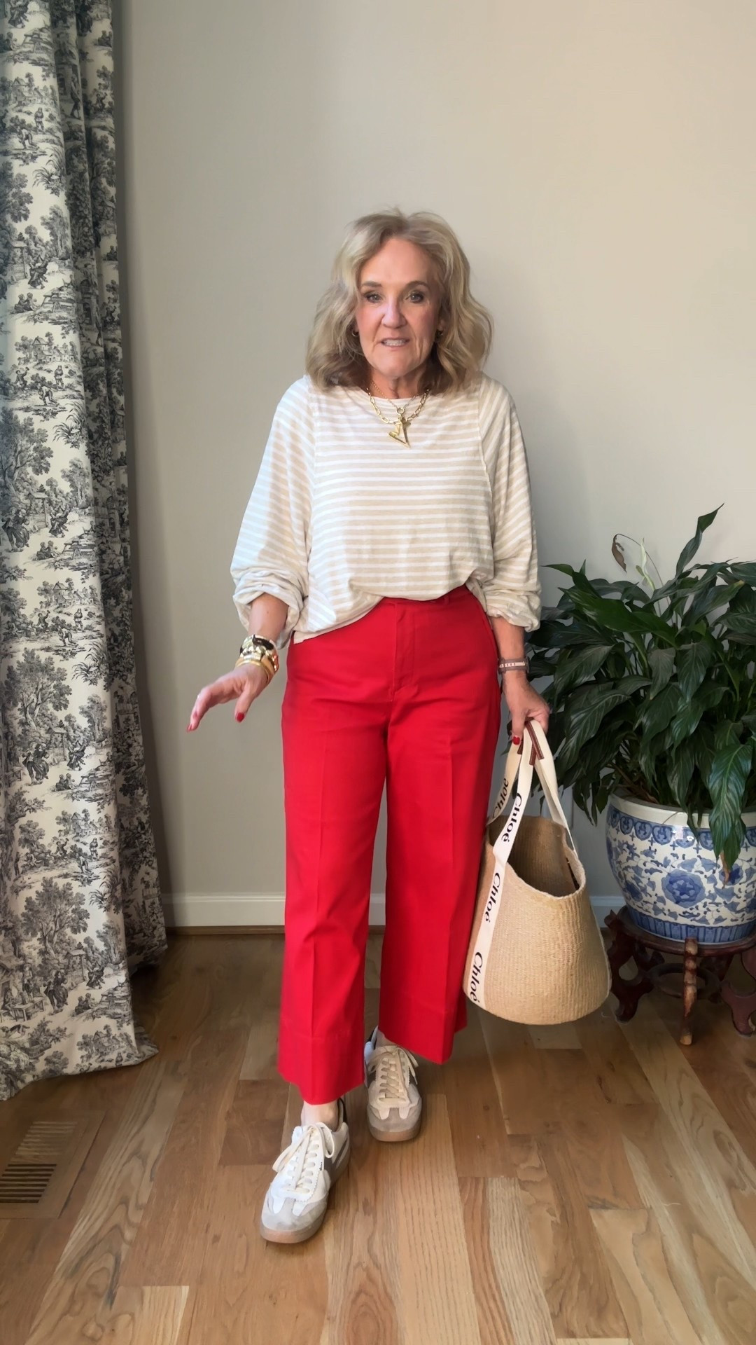 Sale alert!
My red  spanx stretch twill pants are on sale wearing size petite medium
Madewell has a sale going on. There’s quite a few things excluded but there’s some really good stuff not excluded including this easy striped T-shirt. I’m wearing a medium you could size down if you wanted it a little bit more fitted. 
Bracelet stacks at Allie & Bess  actually site wide is all 30% off with code STAR 
I found my sneakers in stock. It’s a constant chase to find them because they sell often. You’re such a great neutral and are comfortable for travel.

#LTKOver40 #LTKFindsUnder100 #LTKSaleAlert