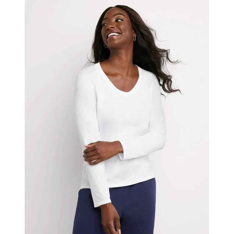 Hanes Women's Long Sleeve Cotton V-Neck T-Shirt White L | Walmart (US)