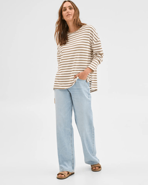 Long Sleeve Drop Shoulder Curved Hem Top - Cream/Olive | Target AU