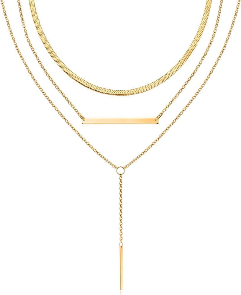 KINIMORE Gold Layered Necklaces for Women Multilayer Snake Chain Chokers Bar Pendant Necklaces Adjus | Amazon (US)