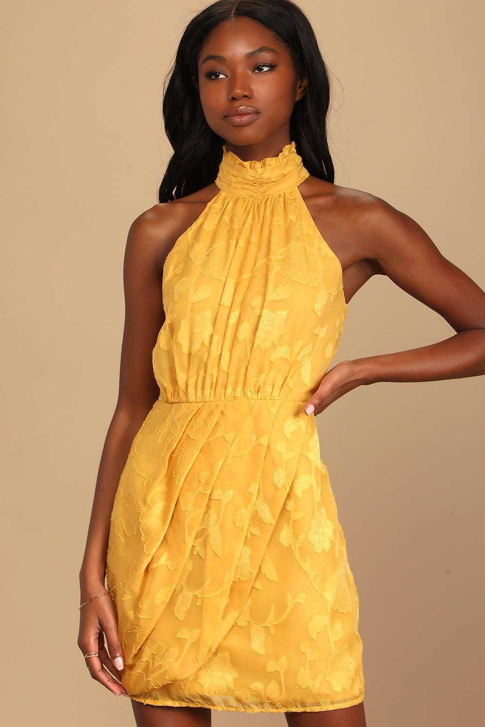 Chic Demeanor Yellow Floral Jacquard Halter Mini Dress | Lulus (US)