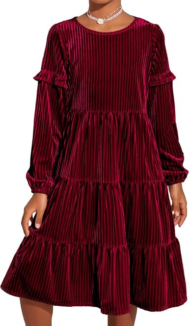 Arshiner Girls Velvet Tiered Dress Long Sleeve Crew Neck Elegant Tween Twirly Dresses for 6-13 Ye... | Amazon (US)